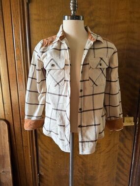 Faherty Cream Plaid Button-Down Shirt with Tan Suede Accents